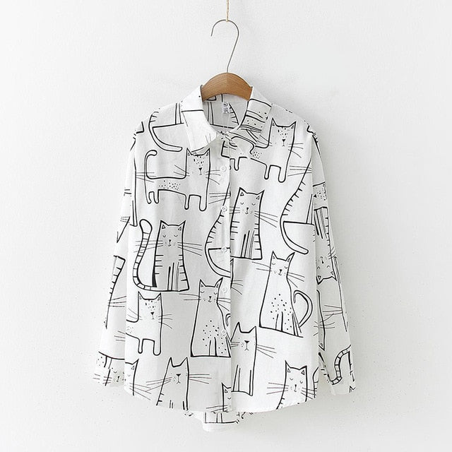 DeRuiLaDy Women 2019 Fashion Turn Down Collar Long Sleeve Shirt Blouse Shirt Cute Cat Print Loose Casual Blosues Tops Ladies