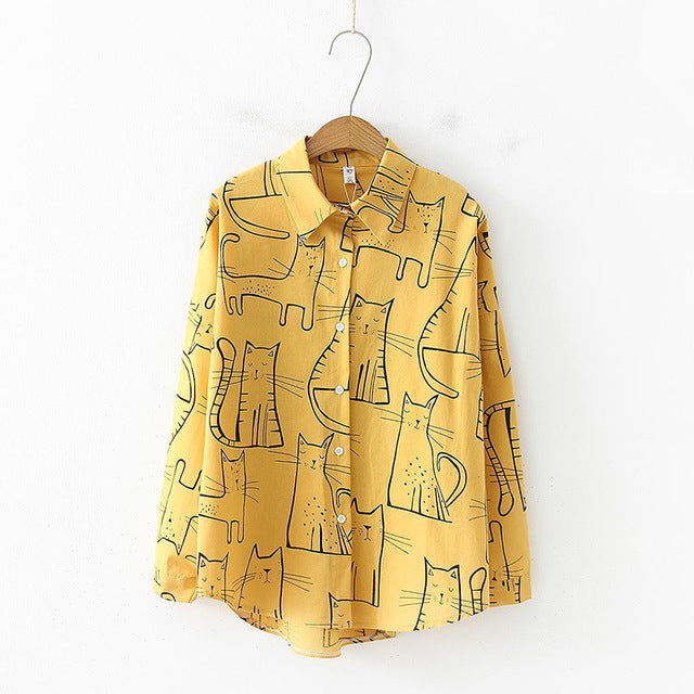 DeRuiLaDy Women 2019 Fashion Turn Down Collar Long Sleeve Shirt Blouse Shirt Cute Cat Print Loose Casual Blosues Tops Ladies