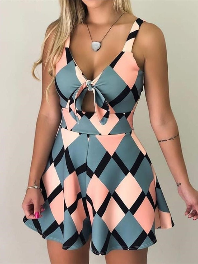 2019 Summer Women Elegant Vacation Leisure Playsuit Female Casual Jumpsuit Colorblock Geo Print Spaghetti Strap Romper