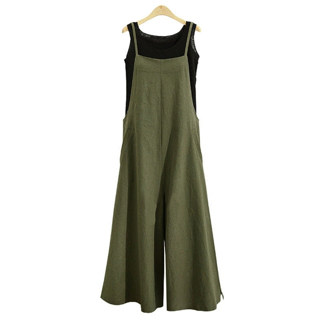 EaseHut Plus Size 3XL Women Cotton Jumpsuit Pocket Wide Leg Rompers Strappy Dungaree Bib Overalls Casual Loose Solid Playsuit