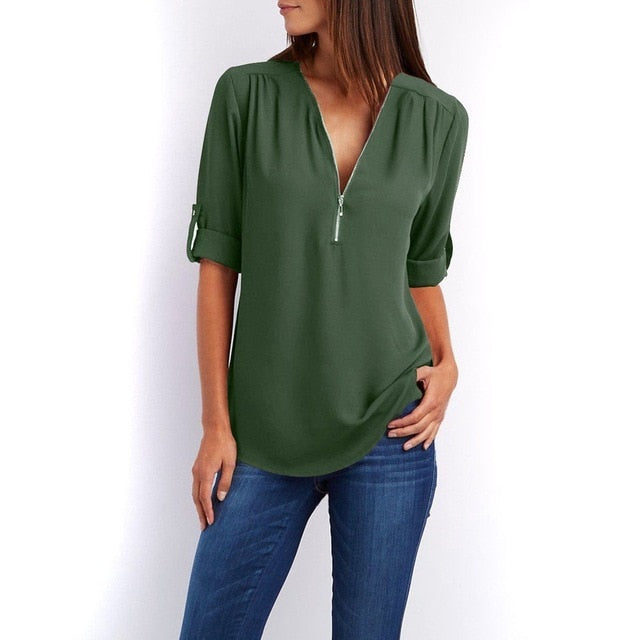Summer Women Cool Loose Shirt Deep V Neck Chiffon Blouse Casual Ladies Tops Sexy Zipper Pullover Plus Size Long Sleeve Fashion