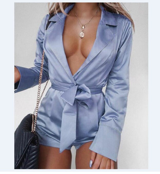 Sexy Women Playsuit Deep V Neck Long Sleeve Gown Shorts Clubwear Playsuit Bodycon Party Satin Jumpsuit Romper Trousers