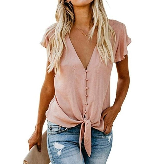 2019 Women Chiffon Blouse Shirt Fashion Sexy Butterfly Sleeve Womens Tops V-neck Button Blouses Office Ladies Shirts Plus Size