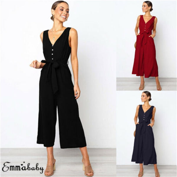 New Jumpsuit Women Clubwear V-Neck Playsuit Sleeveless Jumper Bodycon Party Romper Long Black Jumpsuit Female Summer dropship W3