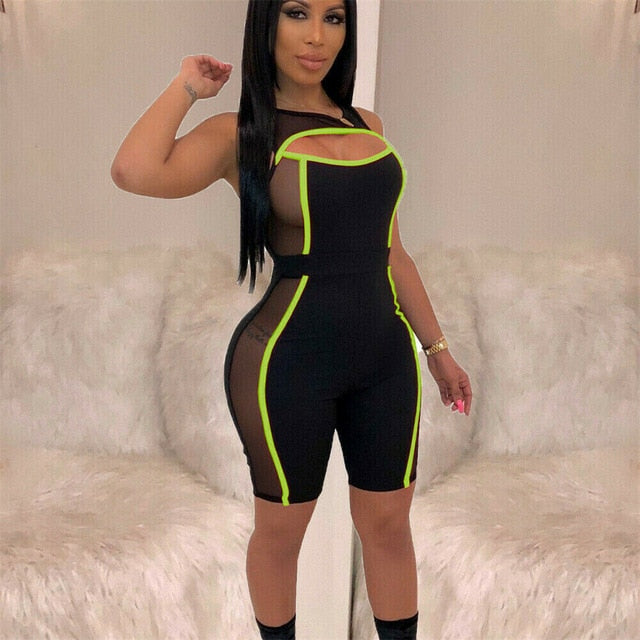 2019 New Women Mesh Patchwork Short Pants Jumpsuits Sleeveless Cut Out Bodycon  Playsuit Romper Clubwear Outfit