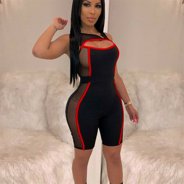 2019 New Women Mesh Patchwork Short Pants Jumpsuits Sleeveless Cut Out Bodycon  Playsuit Romper Clubwear Outfit