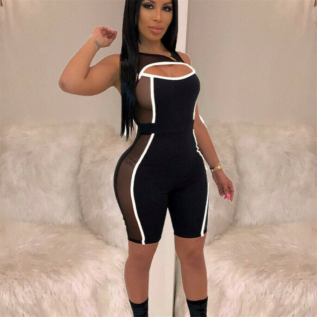 2019 New Women Mesh Patchwork Short Pants Jumpsuits Sleeveless Cut Out Bodycon  Playsuit Romper Clubwear Outfit
