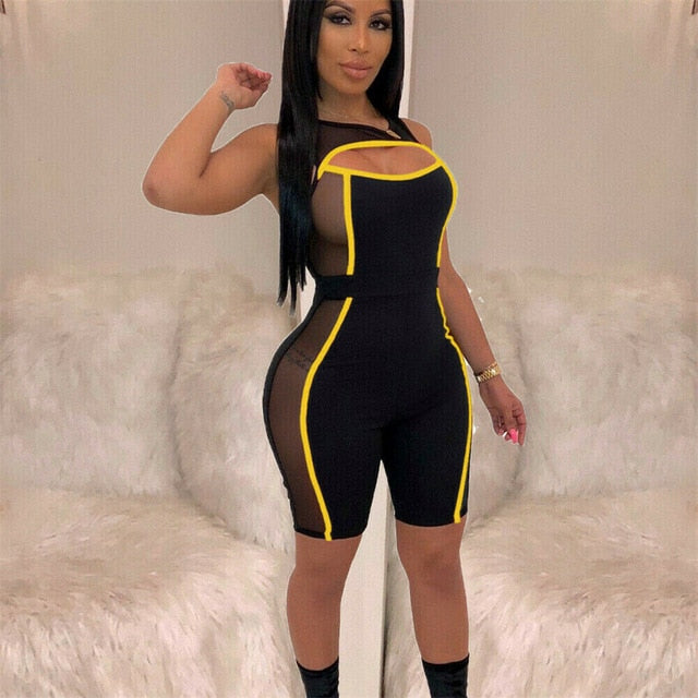 2019 New Women Mesh Patchwork Short Pants Jumpsuits Sleeveless Cut Out Bodycon  Playsuit Romper Clubwear Outfit