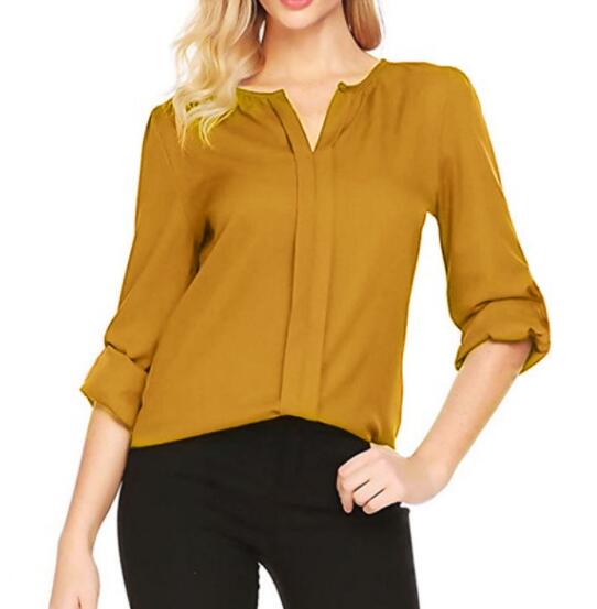Women Summer Middle Sleeve Chiffon Blouses Fashion Hot Style V-Neck Chiffon Shirt Simple Design All Match Shirts OL Basic Top