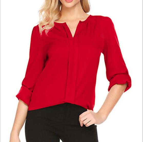 Women Summer Middle Sleeve Chiffon Blouses Fashion Hot Style V-Neck Chiffon Shirt Simple Design All Match Shirts OL Basic Top
