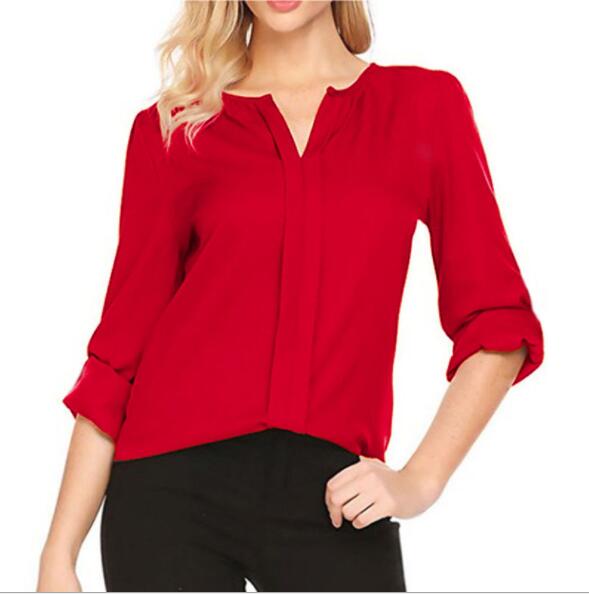 Women Summer Middle Sleeve Chiffon Blouses Fashion Hot Style V-Neck Chiffon Shirt Simple Design All Match Shirts OL Basic Top