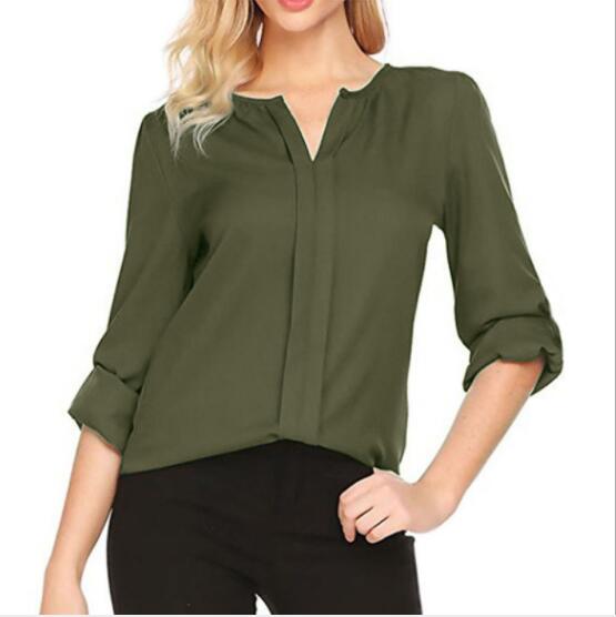 Women Summer Middle Sleeve Chiffon Blouses Fashion Hot Style V-Neck Chiffon Shirt Simple Design All Match Shirts OL Basic Top