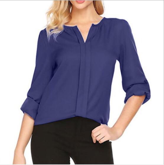 Women Summer Middle Sleeve Chiffon Blouses Fashion Hot Style V-Neck Chiffon Shirt Simple Design All Match Shirts OL Basic Top