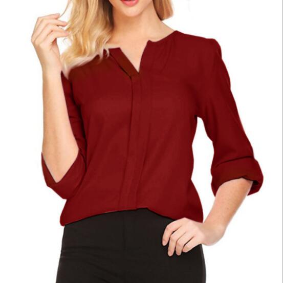 Women Summer Middle Sleeve Chiffon Blouses Fashion Hot Style V-Neck Chiffon Shirt Simple Design All Match Shirts OL Basic Top