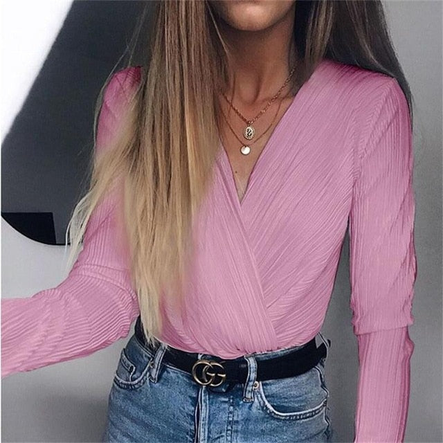 InstaHot Sexy Long Sleeve V Neck Bodysuit for Women 2019 Summer New Fashion Green Textured Shirts Button Tops Elegant Playsuits