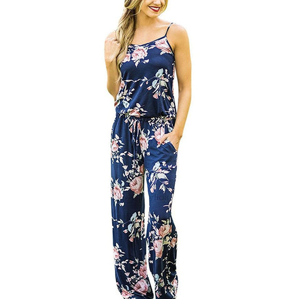 Spaghetti Strap Jumpsuit Women 2018 Summer Long Pants Floral Print Rompers Beach Casual Jumpsuits Sleeveless Sashes Playsuits