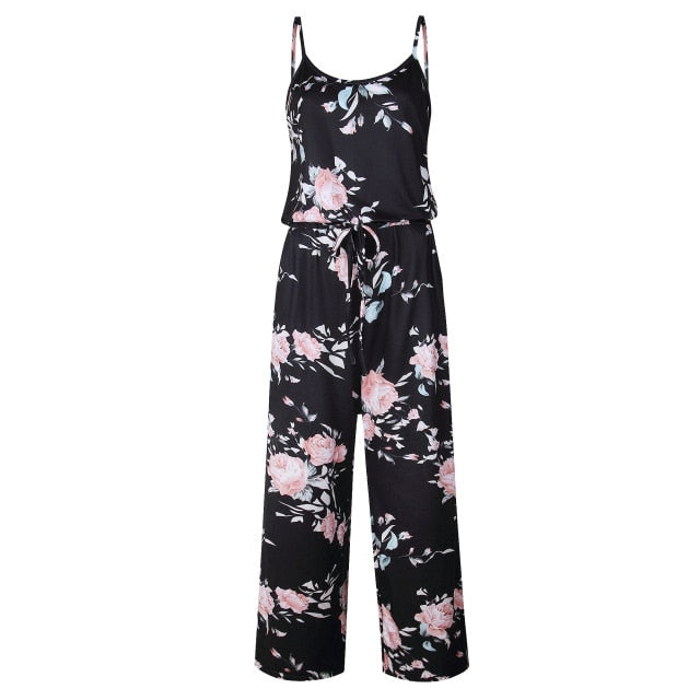 Spaghetti Strap Jumpsuit Women 2018 Summer Long Pants Floral Print Rompers Beach Casual Jumpsuits Sleeveless Sashes Playsuits