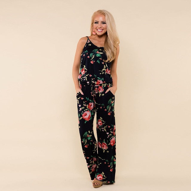 Spaghetti Strap Jumpsuit Women 2018 Summer Long Pants Floral Print Rompers Beach Casual Jumpsuits Sleeveless Sashes Playsuits