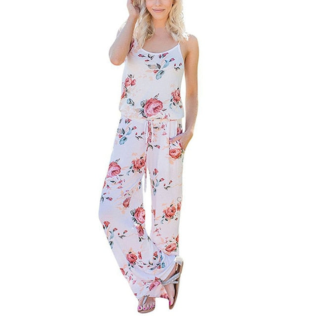 Spaghetti Strap Jumpsuit Women 2018 Summer Long Pants Floral Print Rompers Beach Casual Jumpsuits Sleeveless Sashes Playsuits