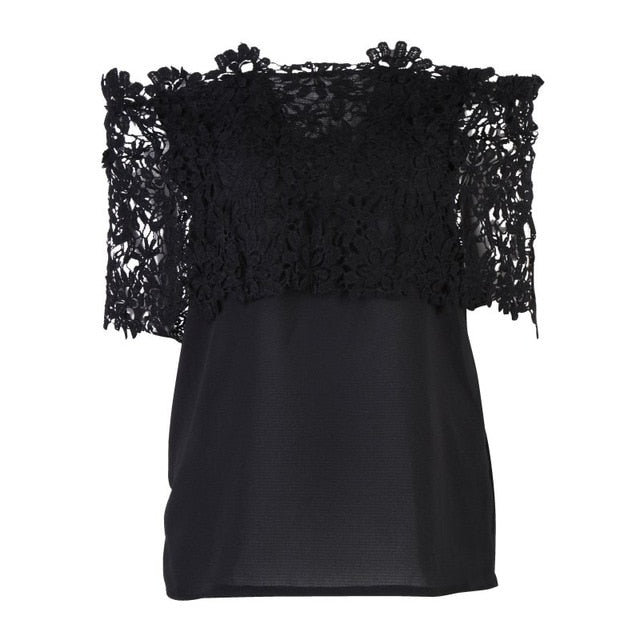Fashion Tops for Women Summer Lace Blouse Shirt Female Crochet Off Shoulder Chiffon Shirt Casual Tops