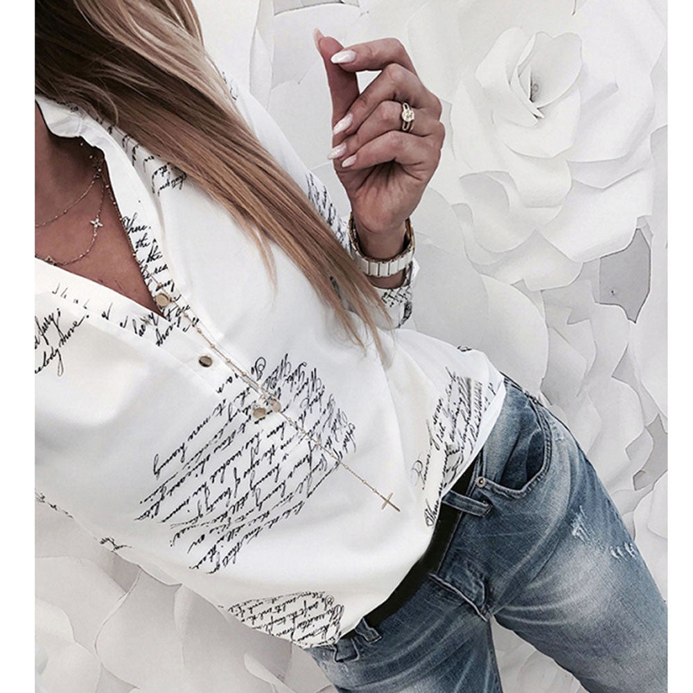 Women Fashion V Neck Long Sleeve Sexy Beach Blouse Shirts Casual Letters Printed Tops Slim Fit  Shirts Plus Size