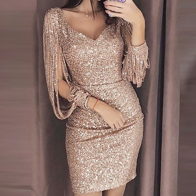 2019 New Fashion Sexy Women V Ncek Solid Sequined Glitter Stitching Shining Club Sheath Long Sleeved Mini Dress For Female