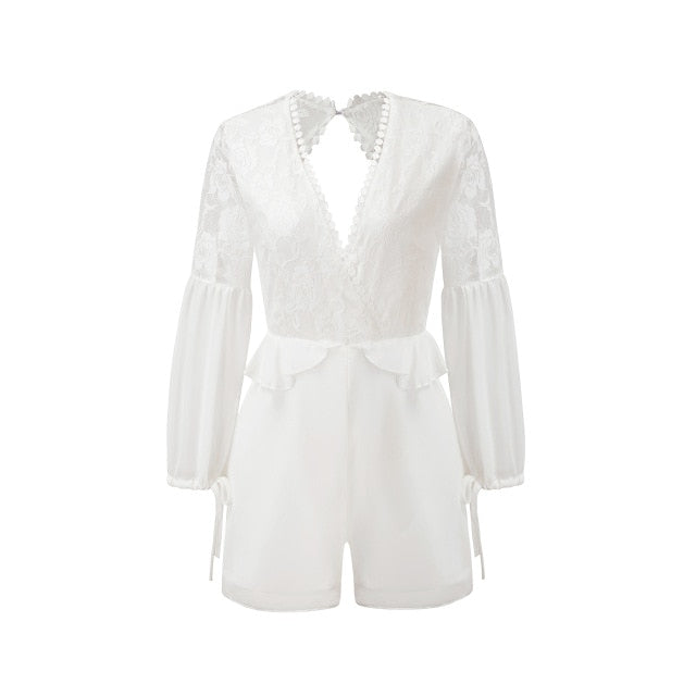 DANJEANER Summer Vintage Lantern Sleeves V-Neck Lace Rompers Women Backless Hollow Out White Chiffon Jumpsuits Elegant Bodysuit