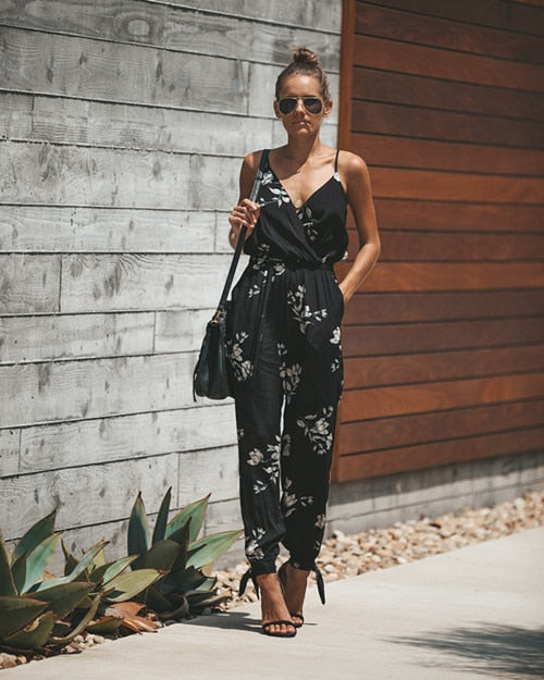 Sexy Women Summer Jumpsuit Floral Print Sleeveless High Waist Ladies Clubwear Deep V Neck Playsuit Bodycon Party Romper Jumpsuit