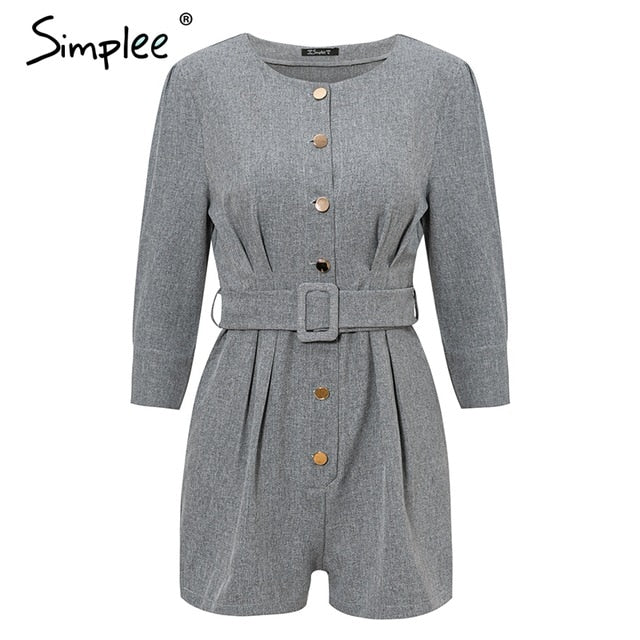 Simplee Buttons blazer female playsuit women Sash solid office ladies jumpsuit romper Female short retro autumn work overalls
